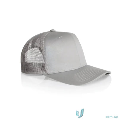 Light grey recycled polyester trucker cap with mesh back and shallow curved brim