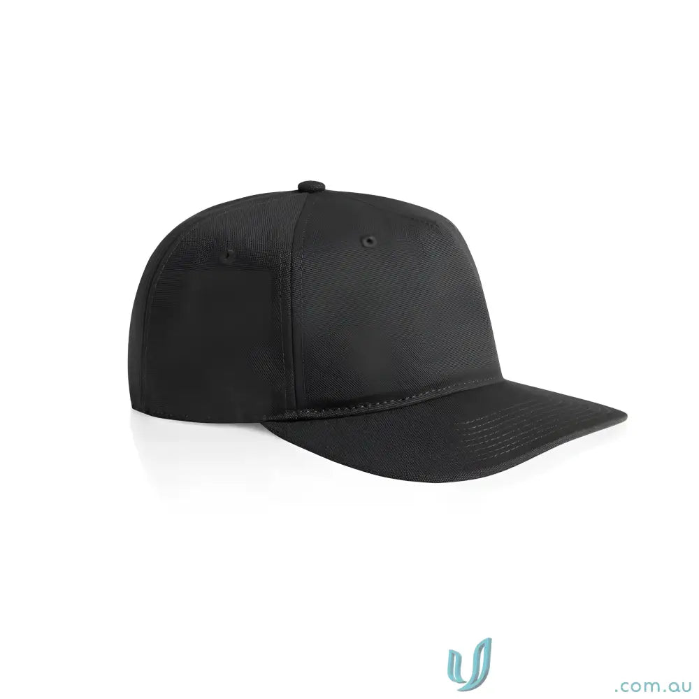 Black cotton canvas baseball cap with flat peak and adjustable plastic snapback