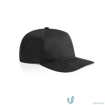 Black cotton canvas baseball cap with flat peak and adjustable plastic snapback