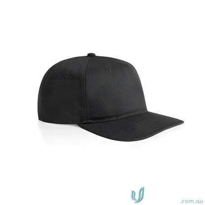 Black cotton canvas baseball cap with flat peak and adjustable plastic snapback
