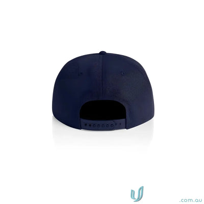 Dark blue cotton canvas snapback cap with flat peak and adjustable plastic snapback