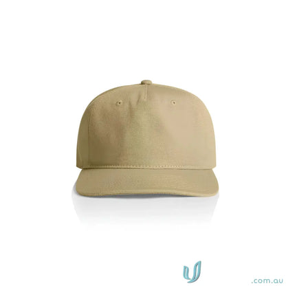 Light brown cotton canvas baseball cap with flat peak and adjustable plastic snapback