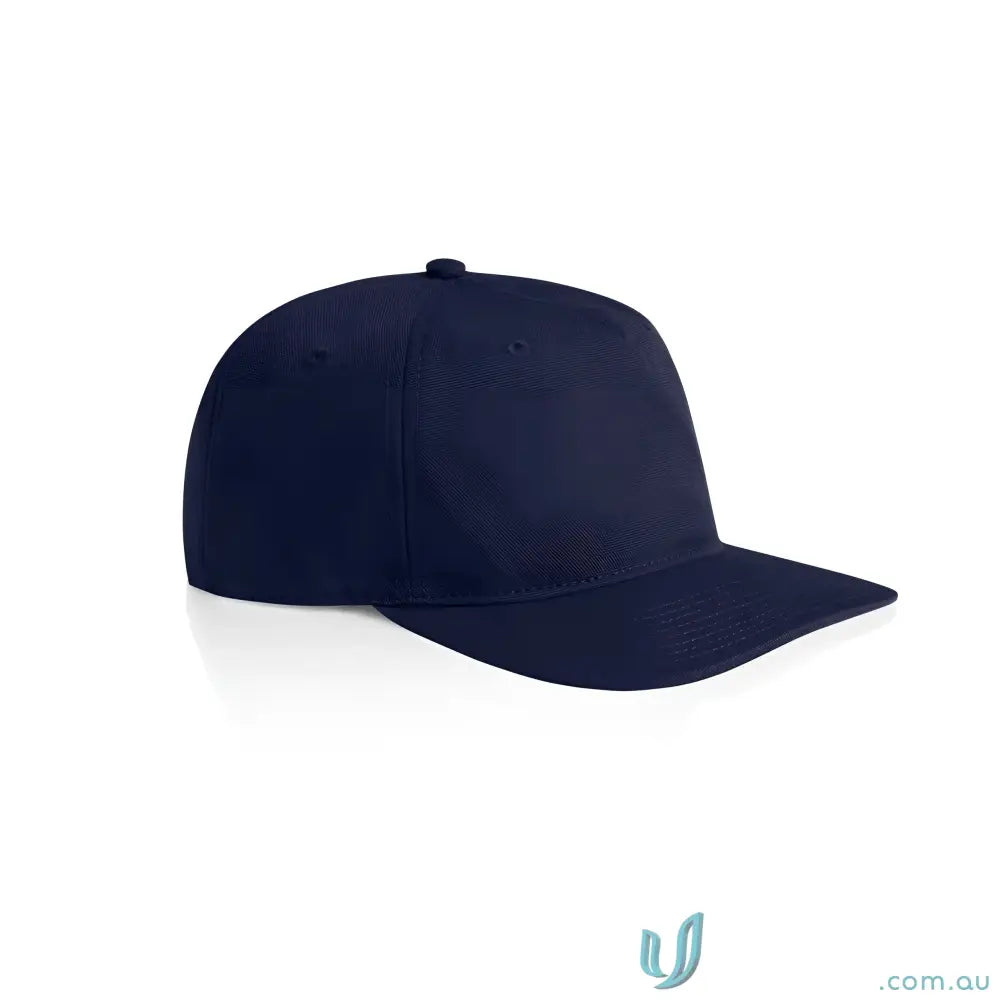 Dark blue cotton canvas cap with flat peak and adjustable plastic snapback