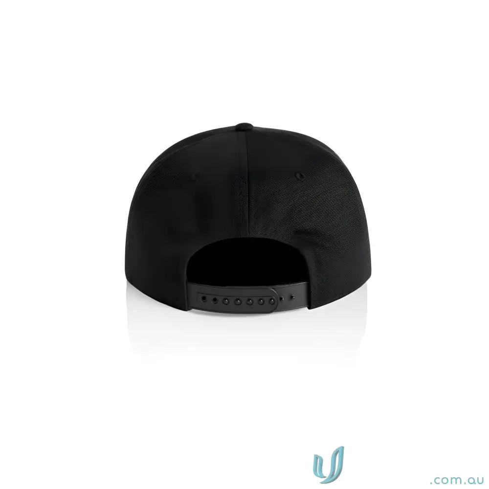 Black cotton canvas cap with flat peak and adjustable plastic snapback