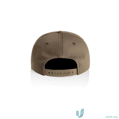 Olive-green cotton canvas cap with flat peak and plastic snapback closure