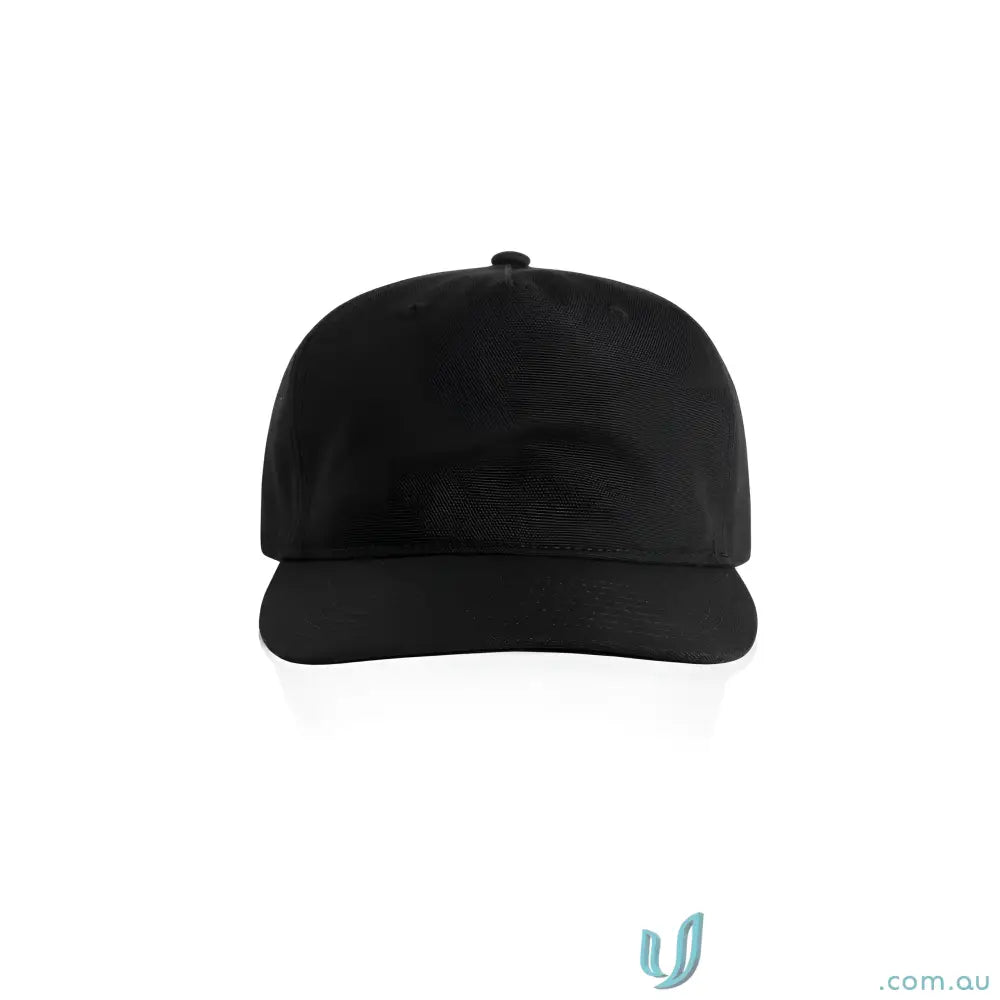 Black cotton canvas baseball cap with flat peak and adjustable plastic snapback