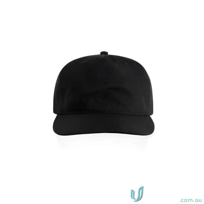 Black cotton canvas baseball cap with flat peak and adjustable plastic snapback