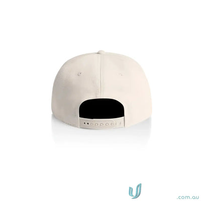 Light beige cotton canvas baseball cap with flat peak and plastic snapback closure