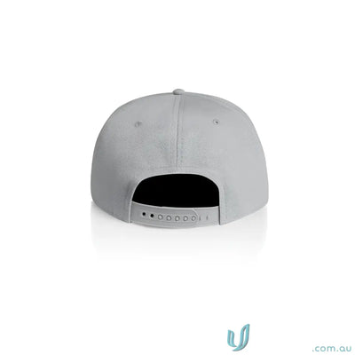 Light grey cotton canvas flat peak baseball cap with plastic snapback closure