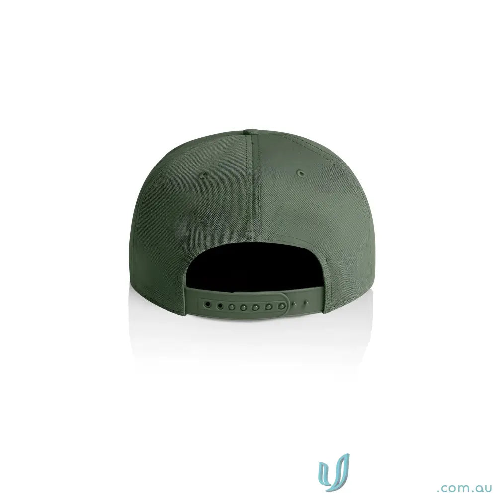 Dark olive green cotton canvas cap with flat peak and plastic snapback closure