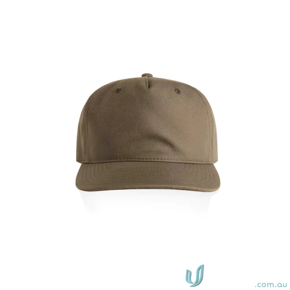 Olive green cotton canvas baseball cap with flat peak and plastic snapback adjustable strap