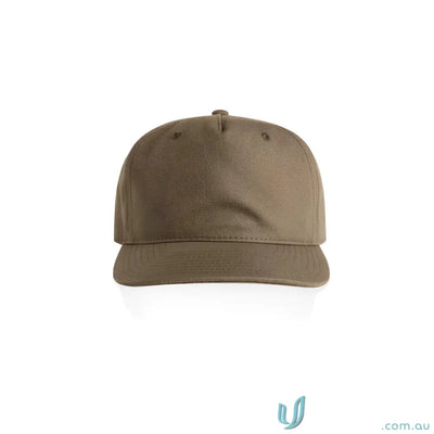 Olive green cotton canvas baseball cap with flat peak and plastic snapback adjustable strap