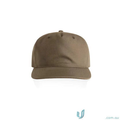 Olive green cotton canvas baseball cap with flat peak and plastic snapback adjustable strap