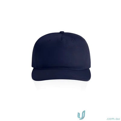 Navy blue cotton canvas cap with flat peak and adjustable plastic snapback