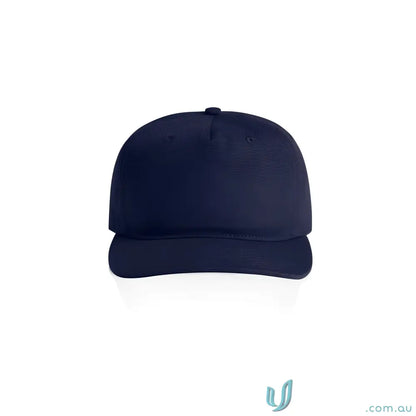 Navy blue cotton canvas cap with flat peak and adjustable plastic snapback
