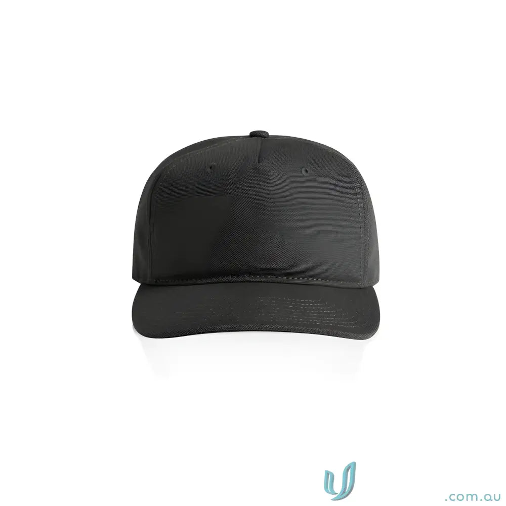 Plain black cotton canvas cap with flat peak and adjustable plastic snapback