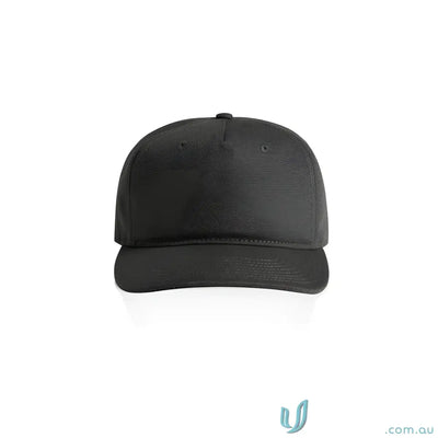 Plain black cotton canvas cap with flat peak and adjustable plastic snapback