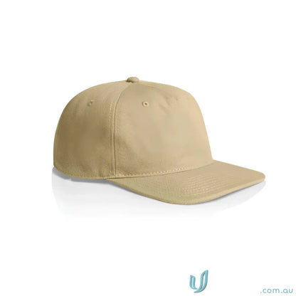 Plain light brown cotton canvas baseball cap with flat peak and plastic snapback