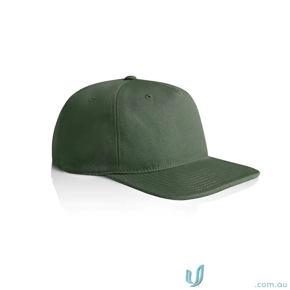 Dark green cotton canvas cap with flat peak and adjustable plastic snapback
