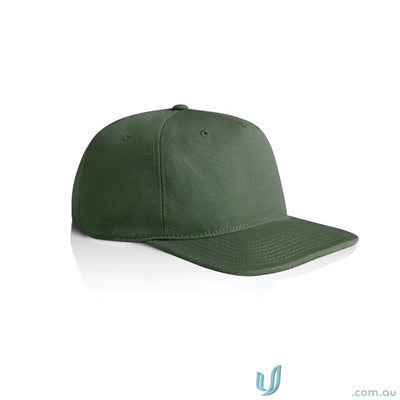 Dark green cotton canvas cap with flat peak and adjustable plastic snapback