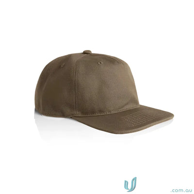 Olive green cotton canvas baseball cap with flat peak and plastic snapback adjustment