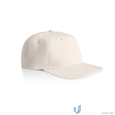 Plain light-colored cotton canvas cap with flat peak and plastic snapback adjustable strap