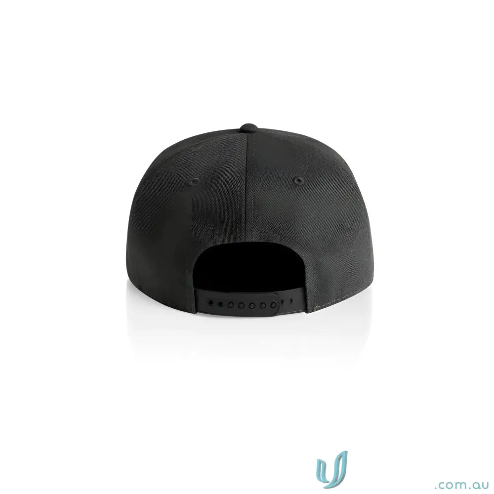 Dark gray cotton canvas baseball cap with flat peak and plastic snapback closure