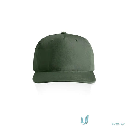 Dark green cotton canvas cap with flat peak and adjustable plastic snapback