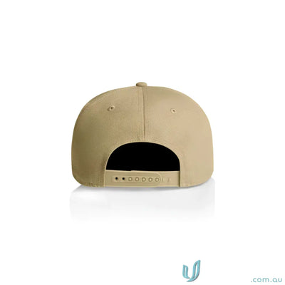 Tan cotton canvas cap with flat peak and adjustable plastic snapback