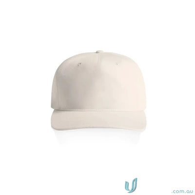 Plain light-colored cotton canvas cap with flat peak and plastic snapback adjustable strap
