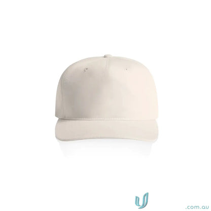 Plain light-colored cotton canvas cap with flat peak and plastic snapback adjustable strap