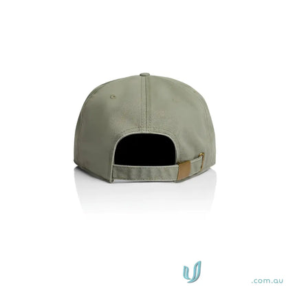 Back view of olive green cotton cap with flat peak, metal clasp, and tonal under-peak lining