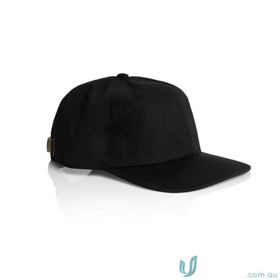 Black cotton cap with flat peak, metal clasp, and tonal under-peak lining