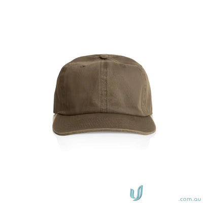 Olive-brown unstructured cotton cap with flat peak, metal clasp, and tonal under-peak lining