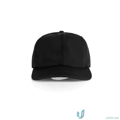 Black cotton cap with flat peak, metal clasp, and tonal under-peak lining