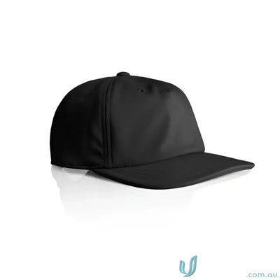 Black plain baseball cap with flat brim, recycled polyester, mid profile, fleece lining