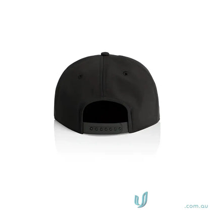 Black snapback cap with recycled polyester, fleece lining, and mid-profile design