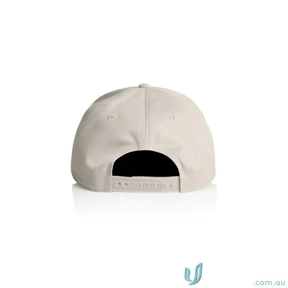 Light beige snapback cap with curved peak and tonal under-peak lining