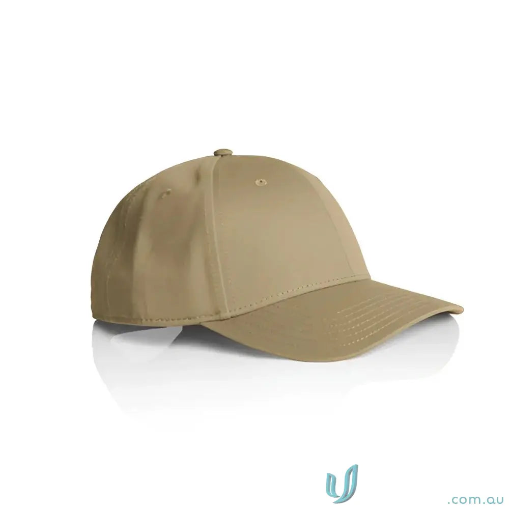 Plain tan snapback cap with curved peak and tonal under-peak lining