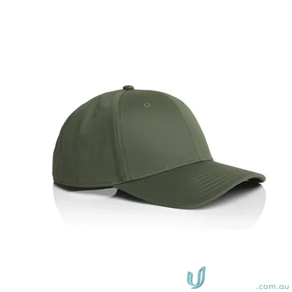 Olive green snapback cap with curved peak, tonal under-peak lining, stylish look