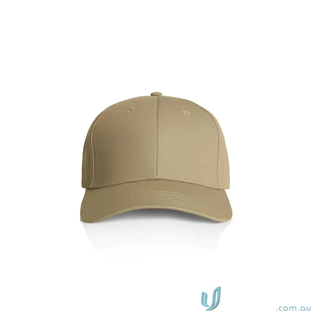 Plain tan snapback cap with curved peak and tonal under-peak lining