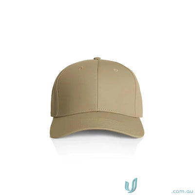 Plain tan snapback cap with curved peak and tonal under-peak lining