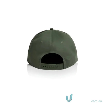 Dark green snapback cap with curved peak and tonal under-peak lining