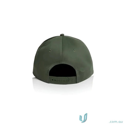 Dark green snapback cap with curved peak and tonal under-peak lining