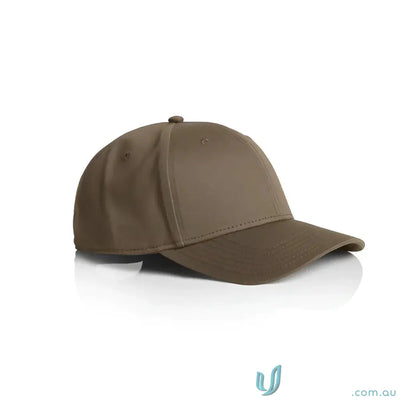 Plain brown snapback cap with curved peak and tonal under-peak lining