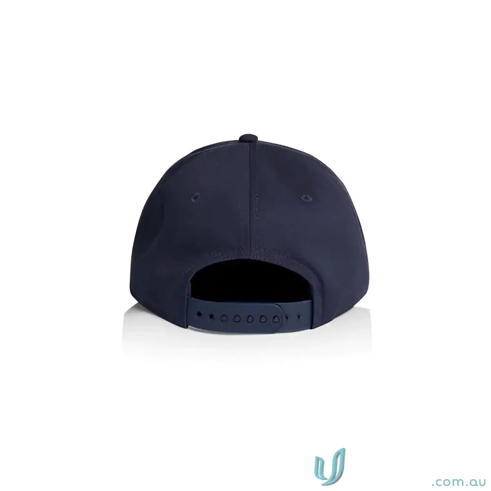 Dark blue snapback cap with curved peak and tonal under-peak lining