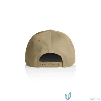 Tan snapback cap with curved peak and tonal under-peak lining for style and fit