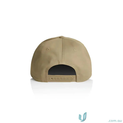 Tan snapback cap with curved peak and tonal under-peak lining for style and fit