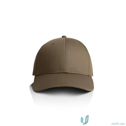 Plain brown snapback cap with curved peak and tonal under-peak lining
