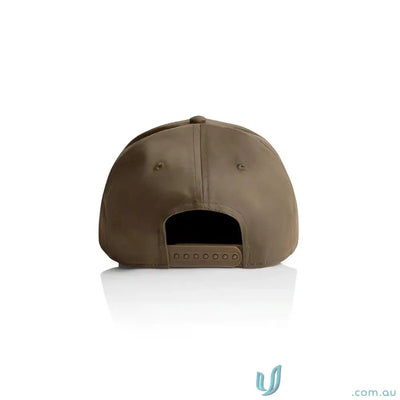 Khaki snapback cap with curved peak and tonal under-peak lining for style